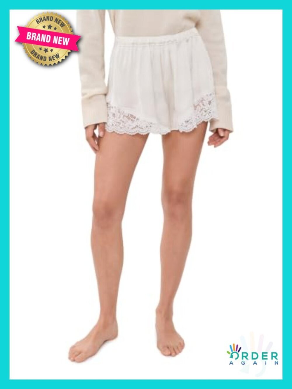 Lightweight Satin Tap Shorts with Scalloped Lace Trim, Mid Rise